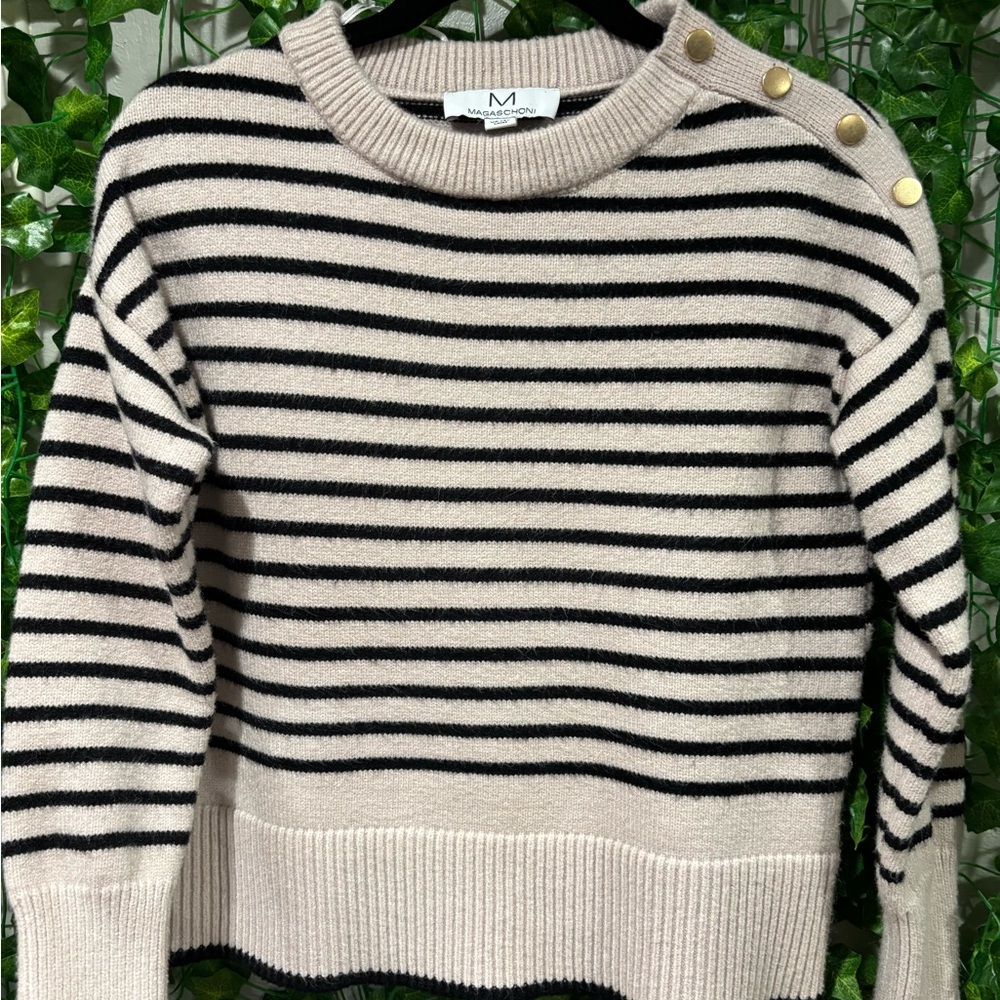 Magaschoni Black and Cream Striped Sweater with Gold Button Accents